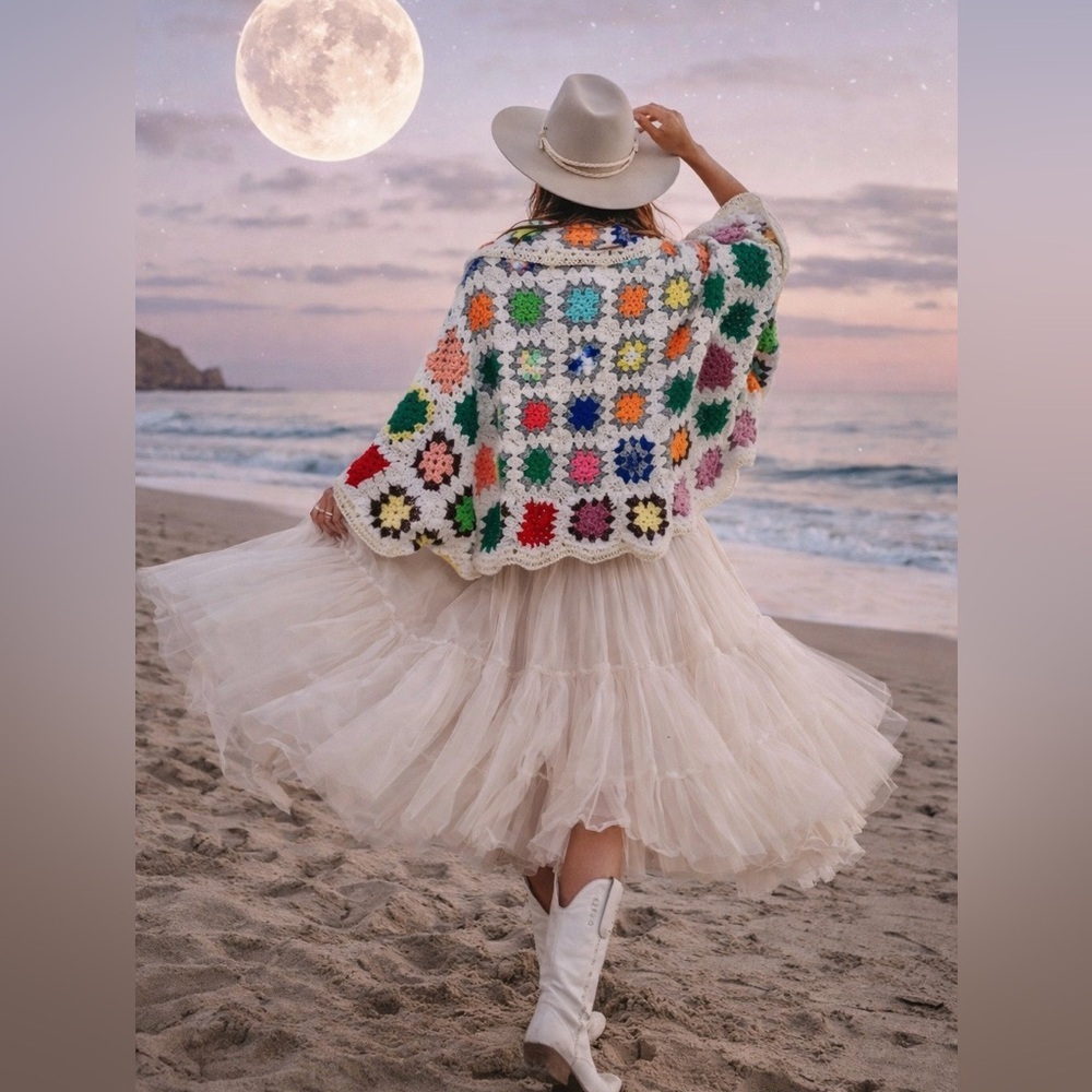 Boho Crochet Granny Square Cardigan - Multicolor